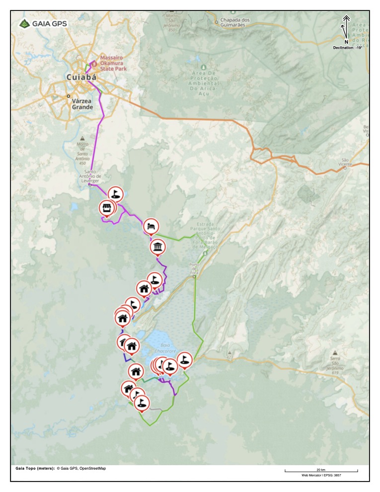 Mapa da primeira fase do projeto Travessia Pantaneira, de Cuiabá à Barão de Melgaço, com ícones de pontos de parada